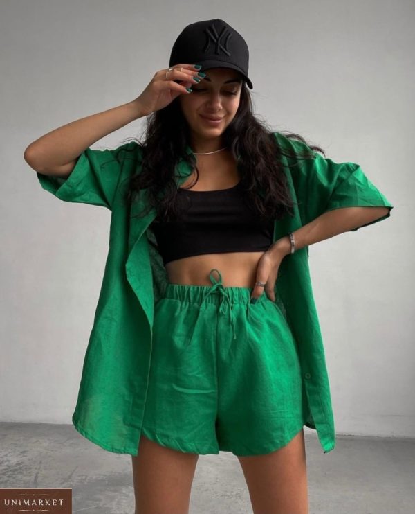 Купити зелений жіночий костюм з укороченими шортами і сорочкою (розмір 42-48) за низькими цінами