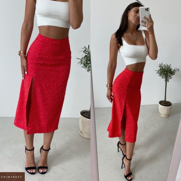 Купить красную женскую юбку миди с принтом и разрезом (размер 42-48) по скидке