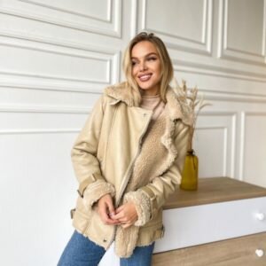 Купить беж женскую дубленку из эко кожи и меха онлайн