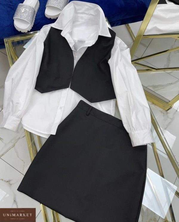 купити жіночий костюм трійку з сорочкою спідницею і жилеткою чорного кольору недорого
