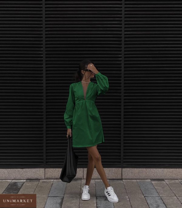 замовити жіноче плаття з котону зеленого кольору з гудзиками на рукавах недорого