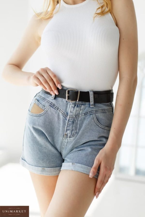 заказать женские шорты джинсовые голубого цвета + ремень недорого в онлайн магазине