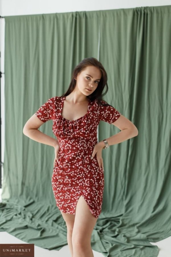 жіноче плаття бордового кольору в квіточку по знижок ціною