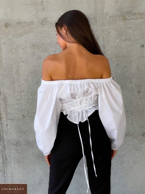 Замовити онлайн білу блузку з відкритими плечима (розмір 42-52) для жінок