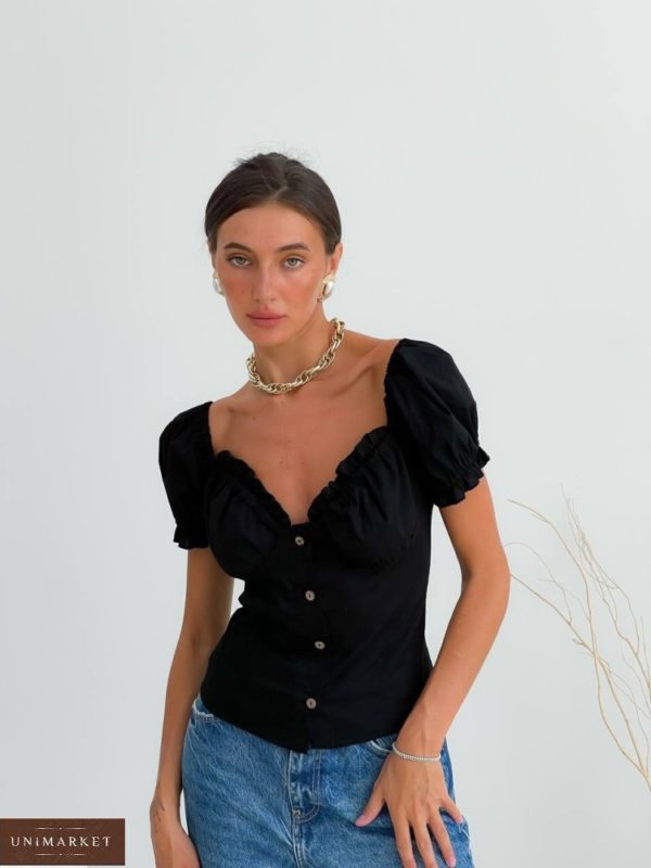 Купити чорну жіночу блузку на ґудзиках з декольте онлайн
