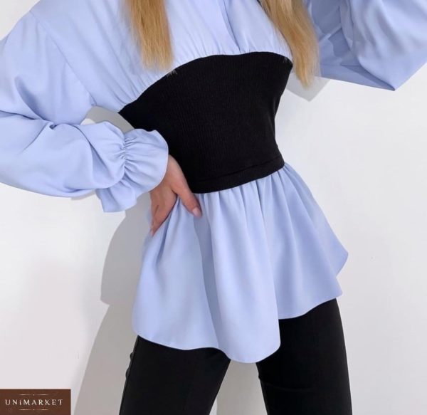 Приобрести женскую голубую блузку с трикотажной вставкой в интернете
