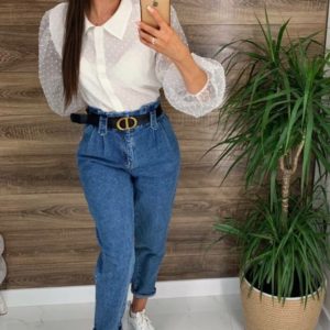 Купить джинсы с защипами (размер 42-48) синие женские онлайн