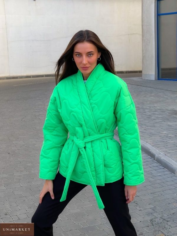 Купить зеленую женскую стёганную куртку на запах (размер 42-52) онлайн