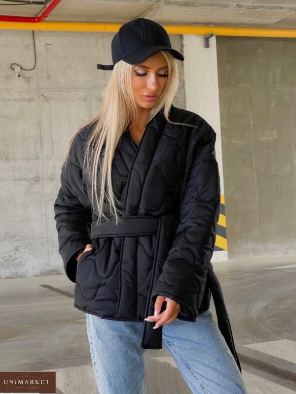 Купить женскую черную стёганную куртку на запах (размер 42-52) по скидке