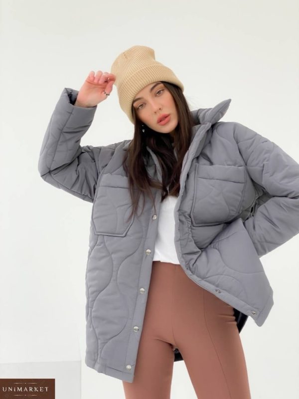 Заказать серого цвета женскую куртку стежку на флисе (размер 42-48) в Украине