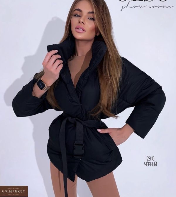 Заказать черную женскую куртку с поясом в комплекте в Украине