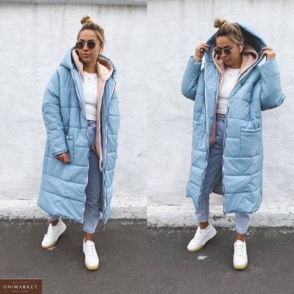 Замовити блакитного кольору жіноче об'ємне зимове пальто вільного крою в Україні