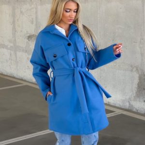 Купить голубое женское кашемировое пальто с поясом (размер 42-52) по скидке