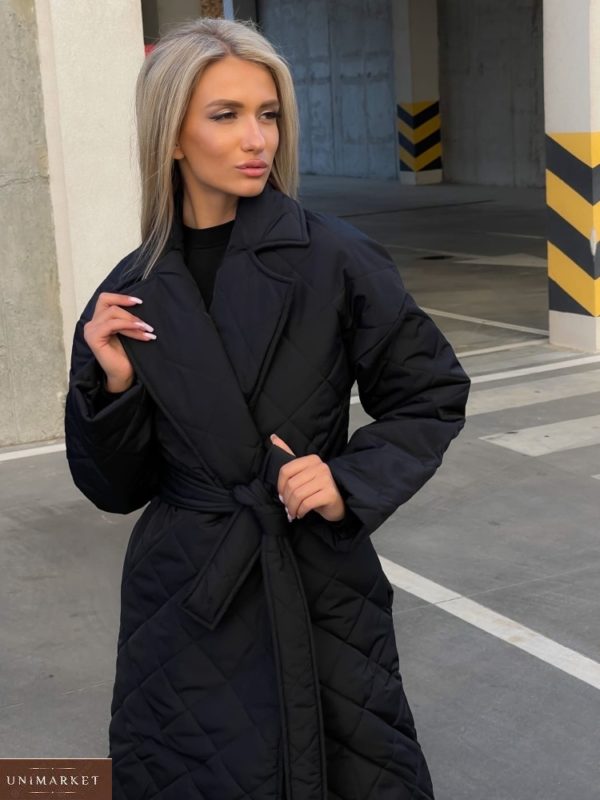 Заказать черное женское стёганное пальто с поясом (размер 42-52) в Украине