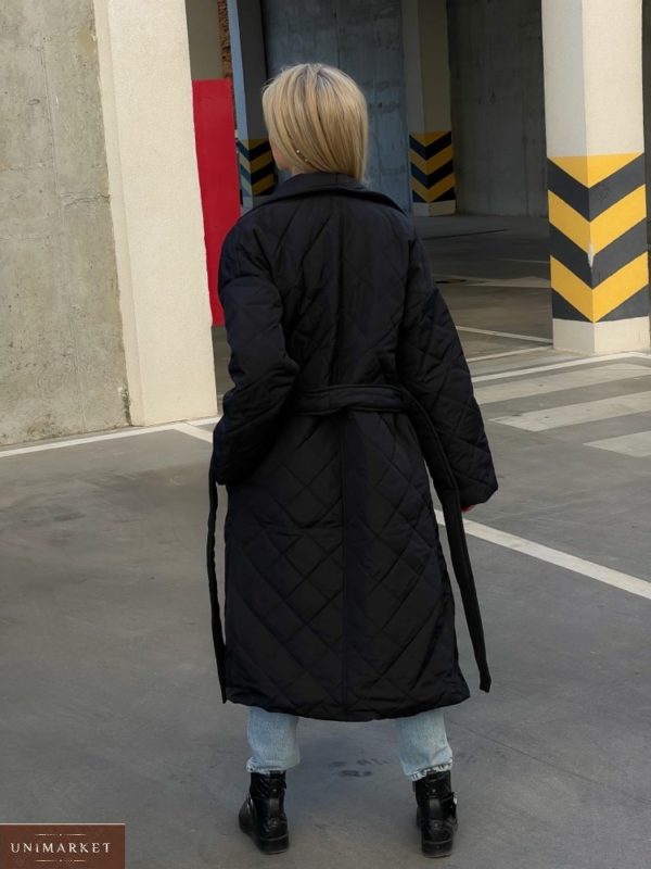 Придбати онлайн чорне стьобане пальтоа з поясом (розмір 42-52) для жінок