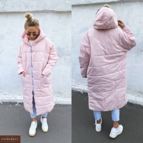 Замовити вигідно рожеве об'ємне зимове пальто вільного крою для жінок