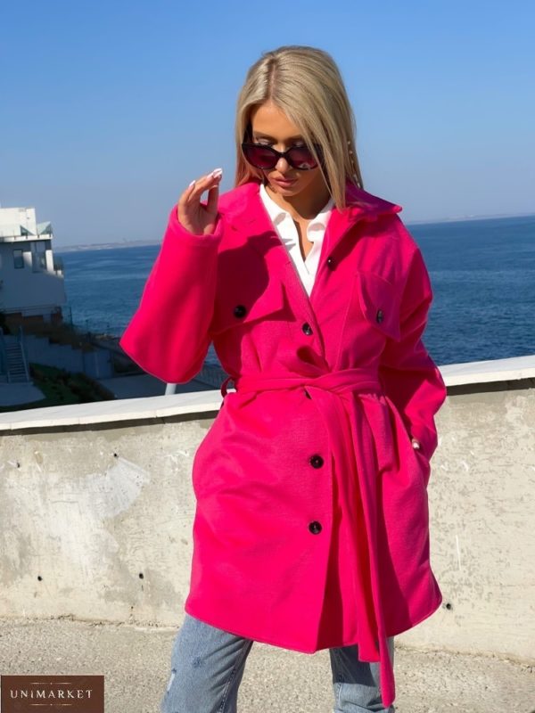Замовити рожеве жіноче кашемірове пальто з поясом (розмір 42-52) в Україні