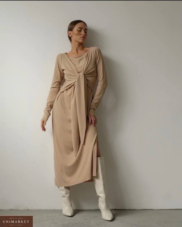 Замовити по знижці бежеве жіноче плаття-локшина з зав'язкою (розмір 42-48)