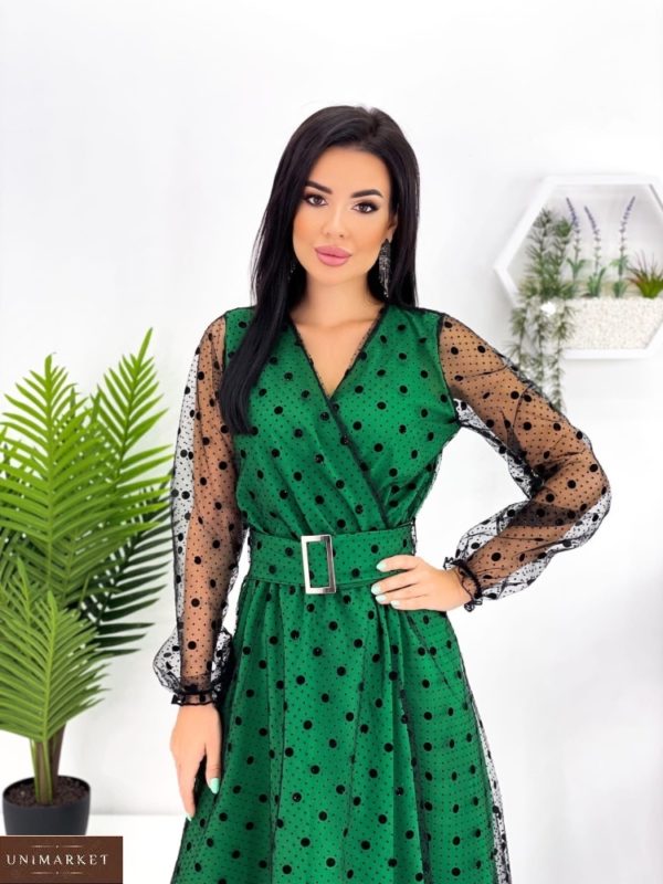 Купить зеленое женское платье в горошек с блестящей сеткой (размер 42-52) по скидке