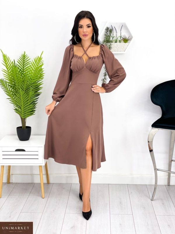 Купить кофейное женское платье с длинным рукавом и декольте (размер 42-52) в интернете