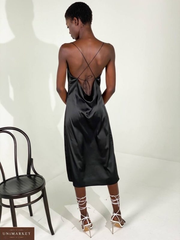 Заказать по скидке черное женское шелковое платье комбинация с открытой спиной