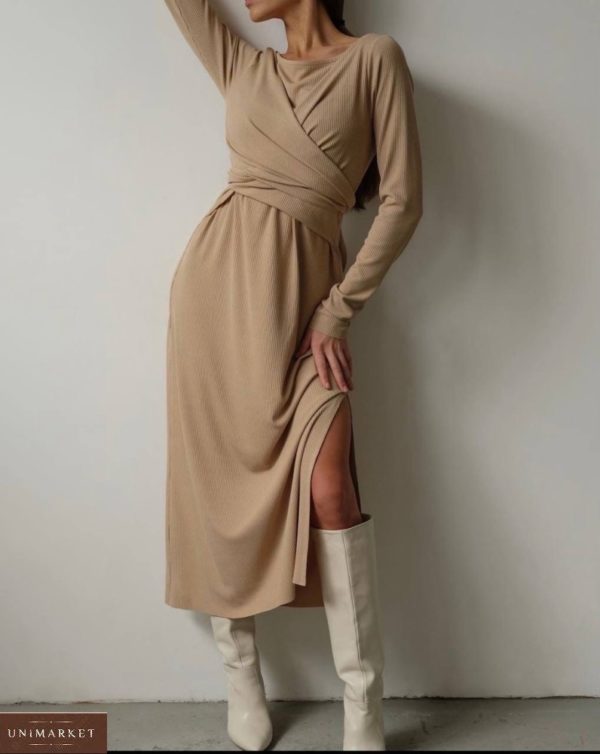 Купити жіночу бежеву сукню-локшина з зав'язкою (розмір 42-48) в інтернеті
