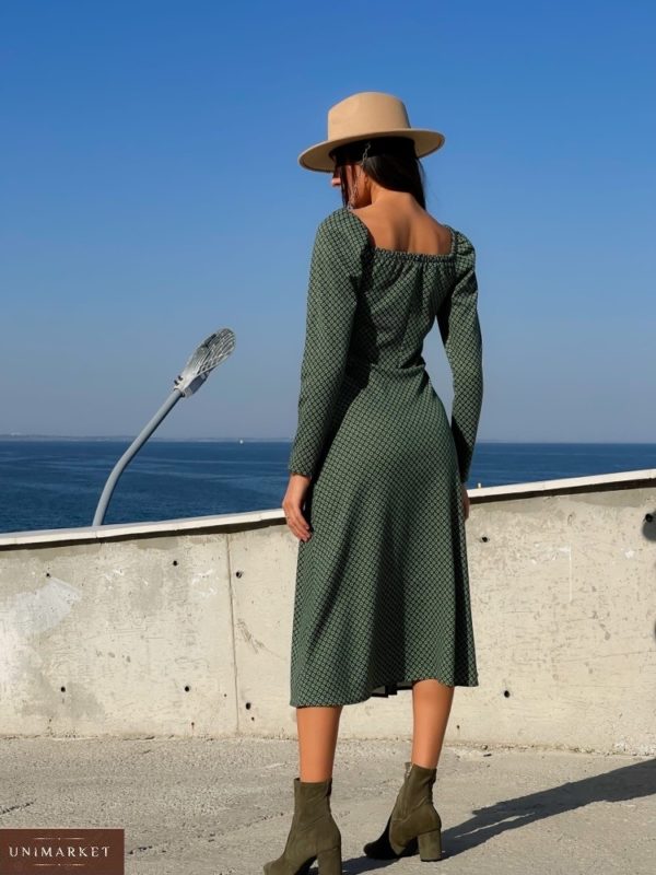 Заказать онлайн зеленое принтованное платье с разрезом (размер 42-52) для женщин