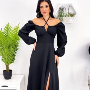 Заказать выгодно черное женское платье с длинным рукавом и декольте (размер 42-52)