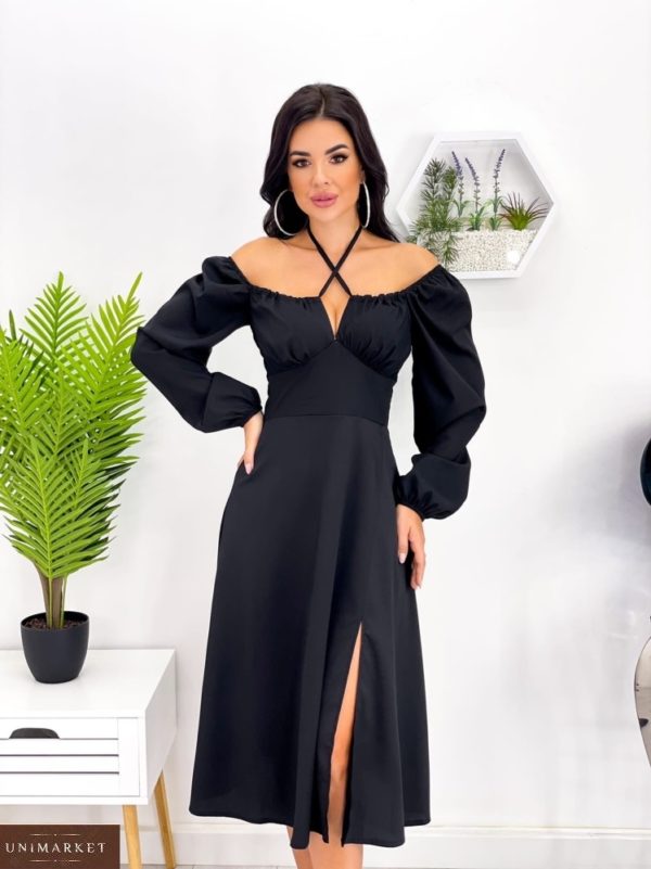 Замовити вигідно чорне жіноче плаття з довгим рукавом і декольте (розмір 42-52)