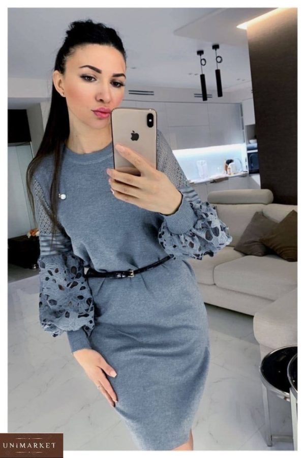 Купити сіре жіноче в'язане плаття з мереживними рукавами онлайн