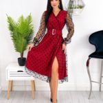 Заказать красное женское платье в горошек с блестящей сеткой (размер 42-52) в Украине