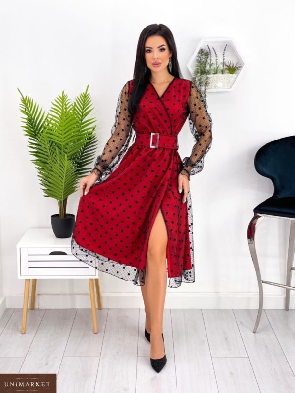 Замовити червоне жіноче плаття в горошок з блискучою сіткою (розмір 42-52) в Україні