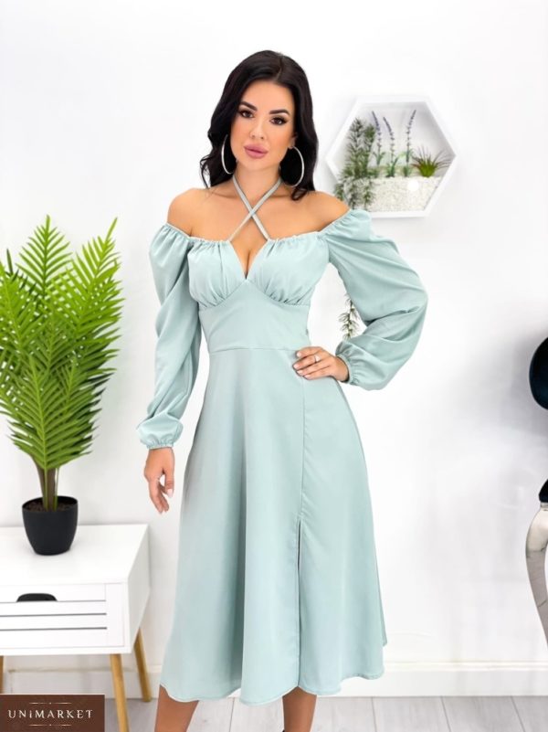 Купить оливковое женское платье с длинным рукавом и декольте (размер 42-52) в интернете