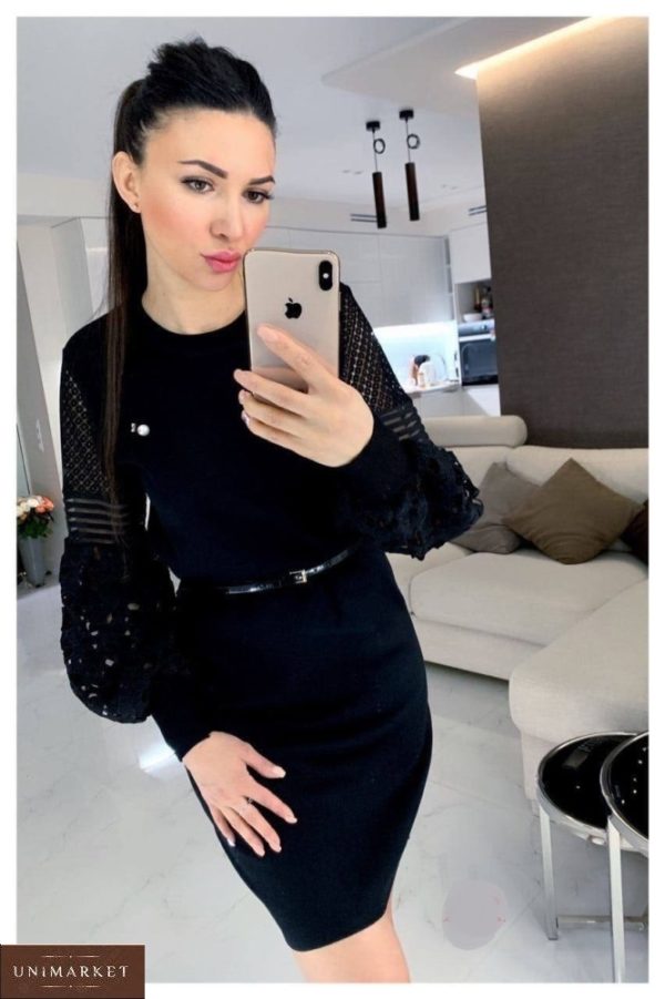 Придбати чорне в'язане плаття з мереживними рукавами в Україні для жінок