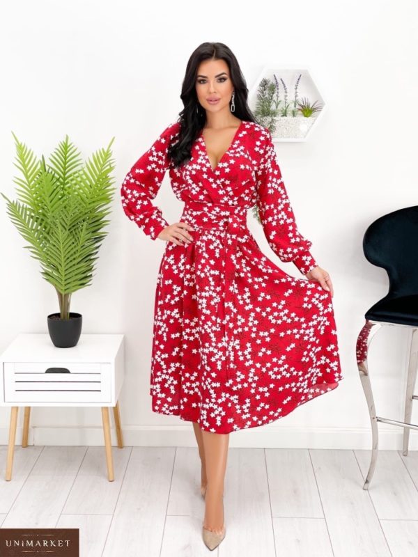 Приобрести красное женское платье миди с принтом на запах (размер 42-48) онлайн