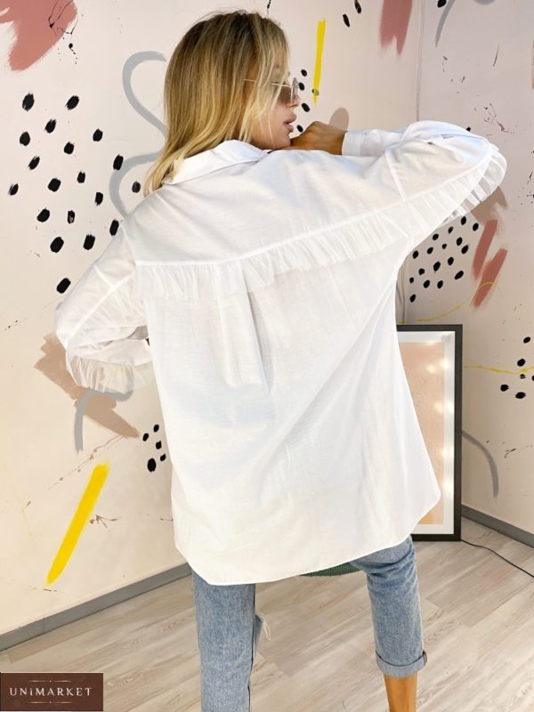 Приобрести белую женскую рубашку оверсайз с рюшами из фатина (размер 42-52) в Украине