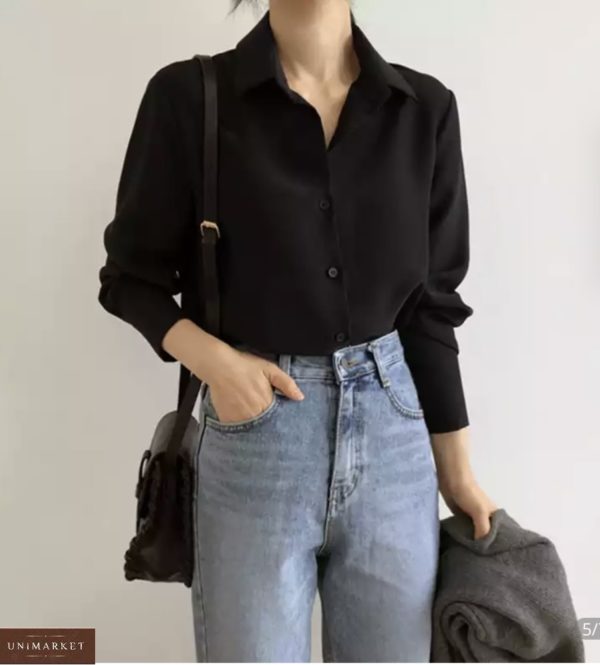 Придбати чорну жіночу сорочку з довгим рукавом (розмір 42-48) онлайн