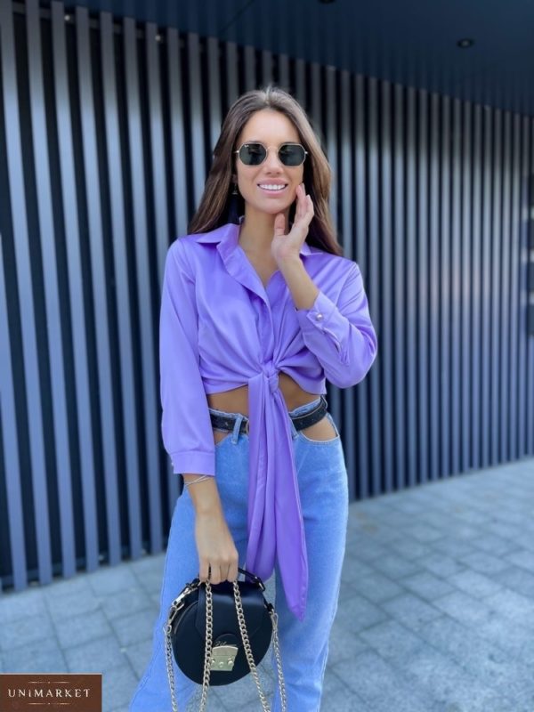 Заказать лилового цвета женскую шелковую рубашку с завязкой онлайн