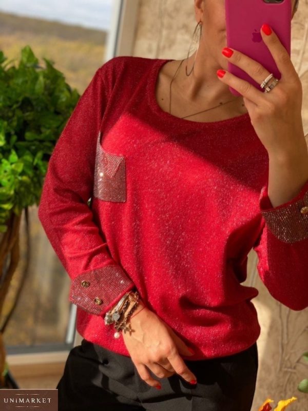 Заказать недорого красного цвета свитер с камнями и люрексом (размер 44-48) для женщин