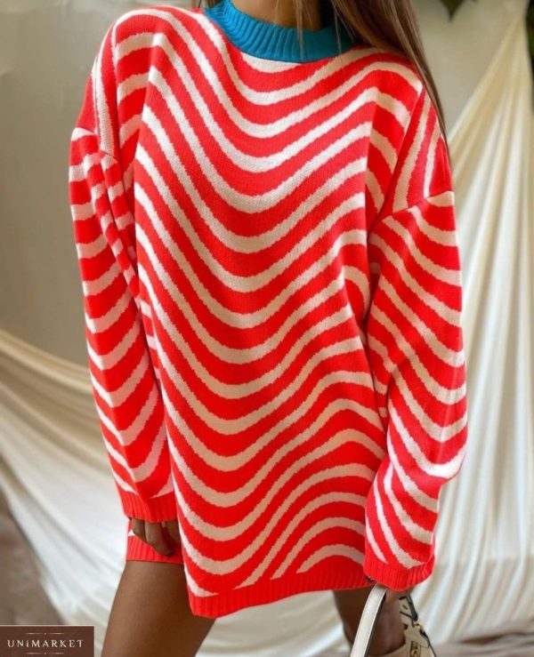 Купити зі знижкою червоний подовжений светр з хвилястим принтом для жінок
