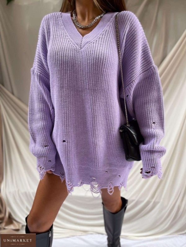Купить сиреневый женский свитер-тунику с дырками онлайн