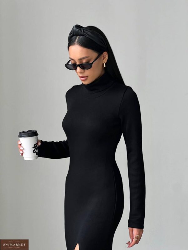 Придбати чорну жіночу сукню з горлом та розрізом на нозі в Україні дешево