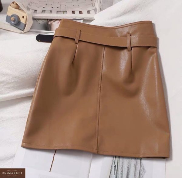 Приобрести кожаную юбку с поясом цвета кэмел женскую онлайн