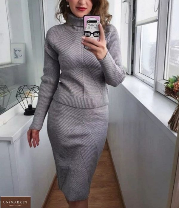Купить серый женский кашемировый костюм с юбкой и свитером онлайн