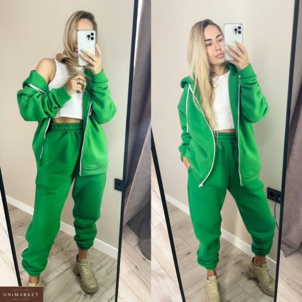 Купить зеленый женский спортивный костюм на змейке с начесом (размер 42-48) по низким ценам