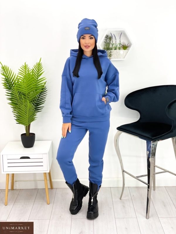 Купить онлайн синего цвета женский тёплый спортивный костюм с шапкой (размер 42-52)