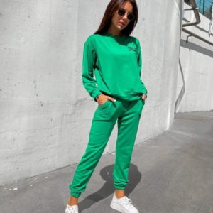 Купить на осень женский спортивный костюм со свитшотом зеленого цвета