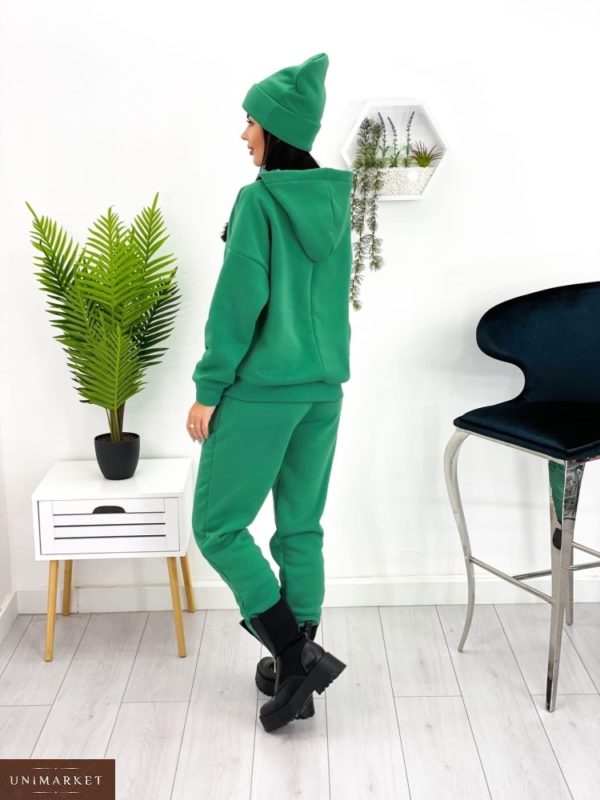 Приобрести по скидке зеленый тёплый спортивный костюм с шапкой (размер 42-52) для женщин