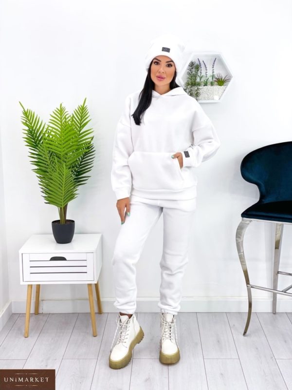 Купить белый женский тёплый спортивный костюм с шапкой (размер 42-52) онлайн