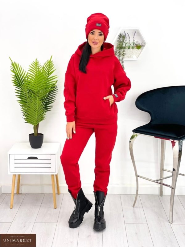 Купить красный женский тёплый спортивный костюм с шапкой (размер 42-52) выгодно